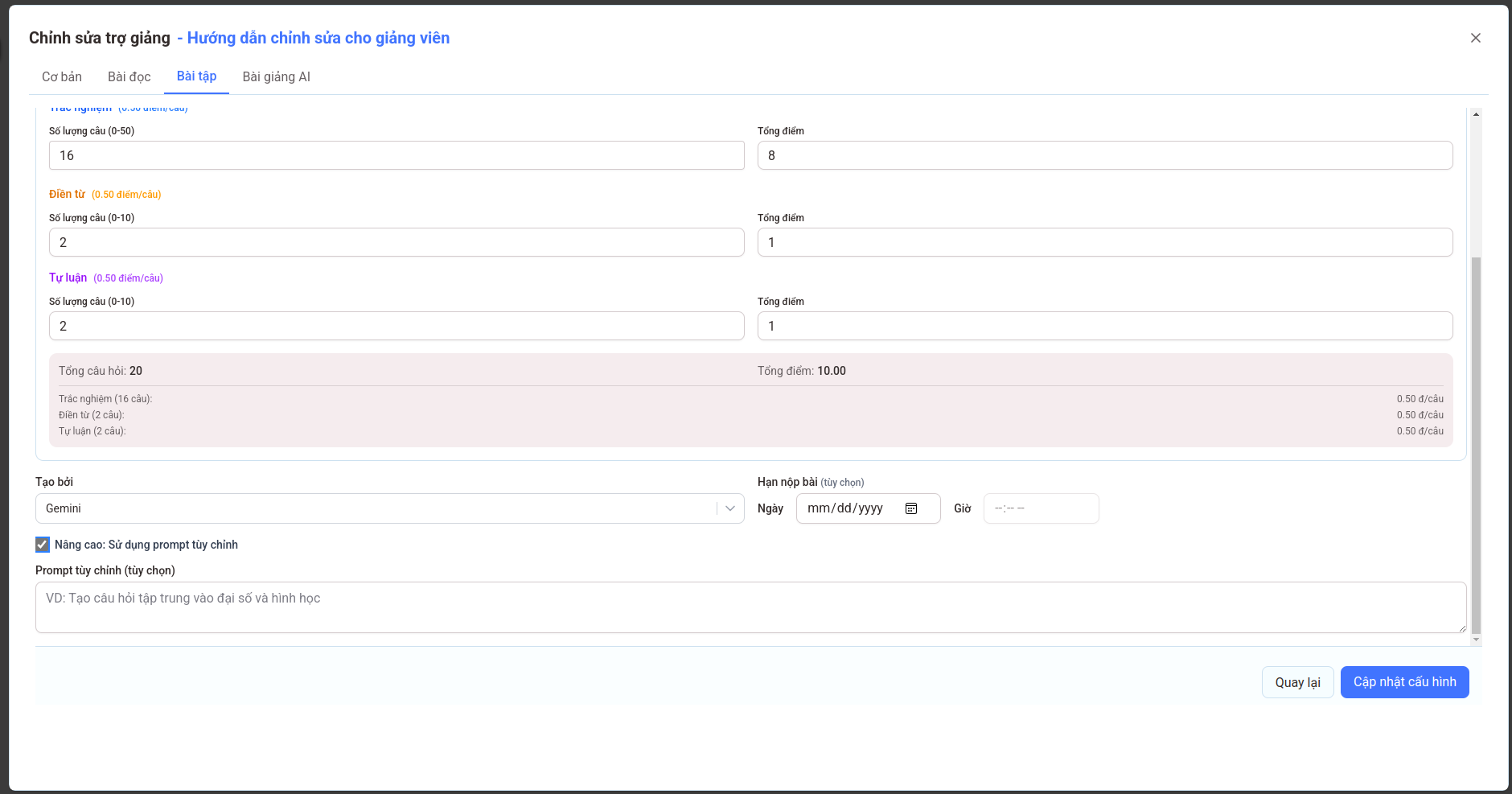 Giao diện Cấu hình nâng cao bài kiểm tra