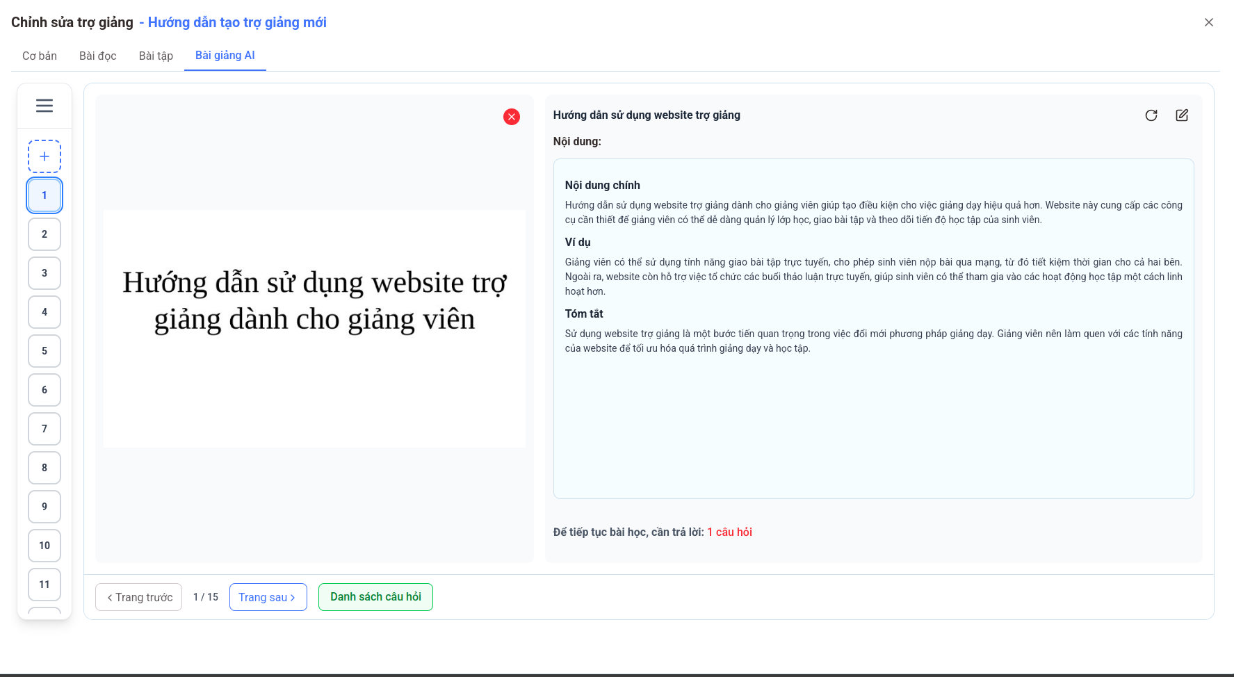 Giao diện trang chỉnh sửa slide bài giảng AI