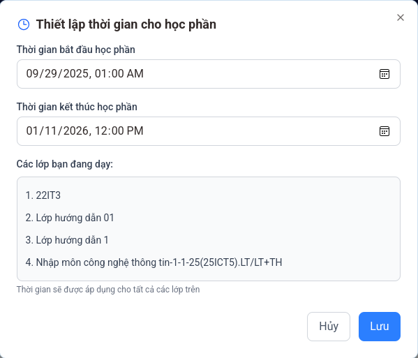 Giao diện thiết lập deadline cho học phần