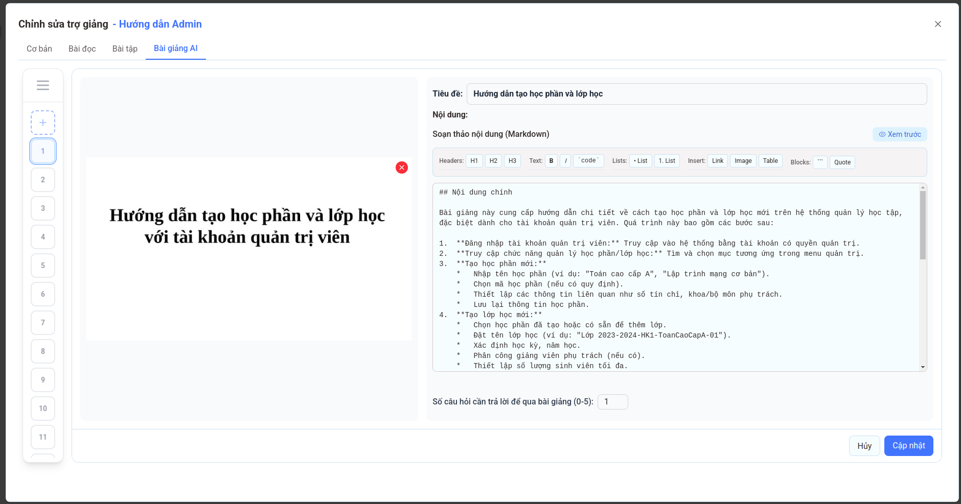 Giao diện chỉnh sửa Bài giảng AI