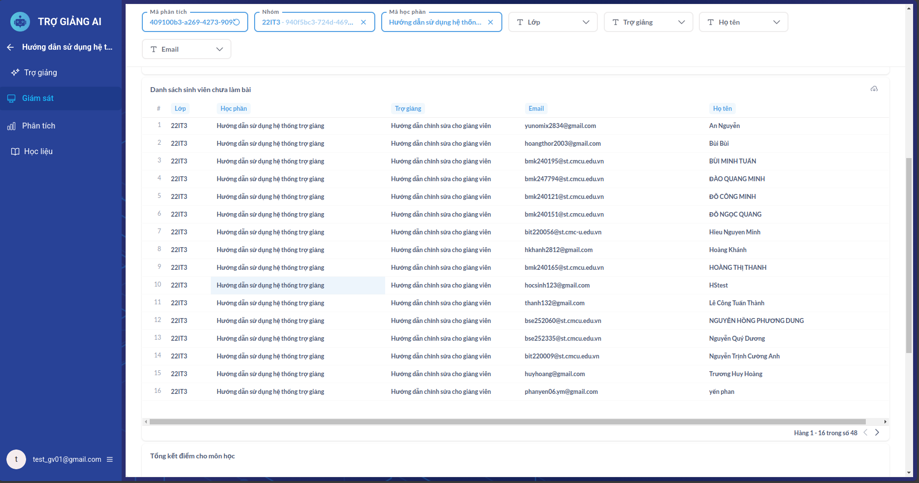 Giao diện Giám sát cho giảng viên