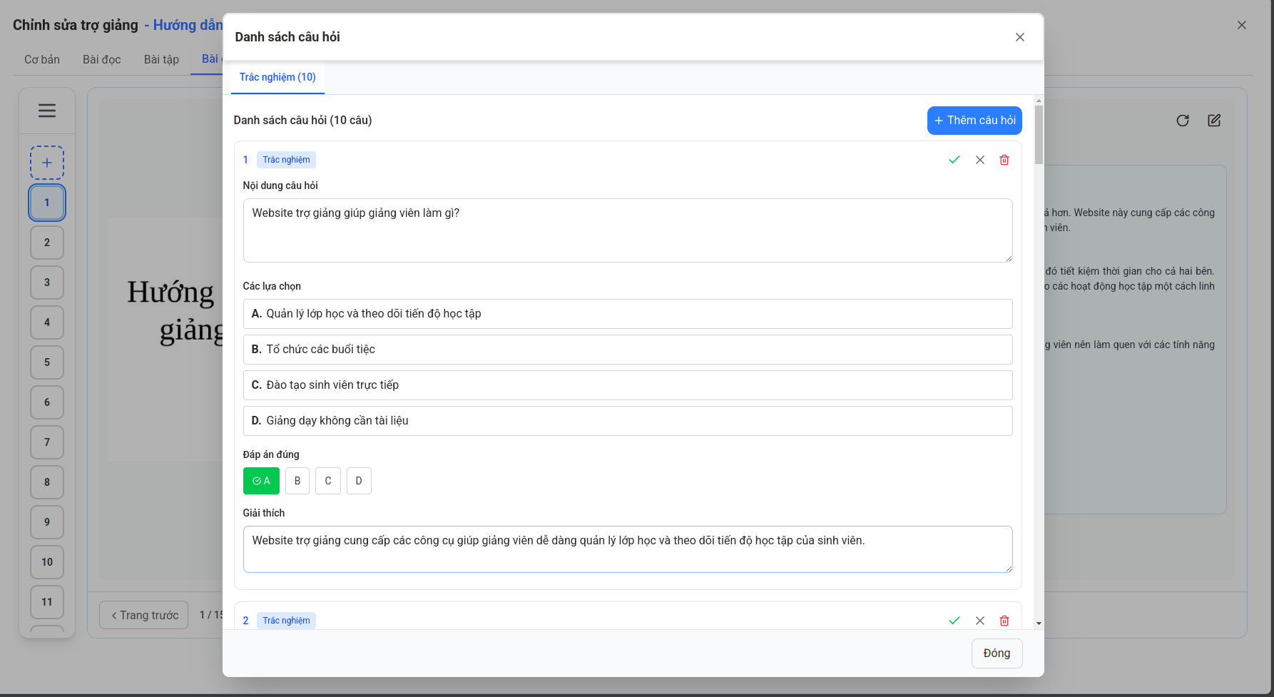Danh sách câu hỏi của slide bài giảng