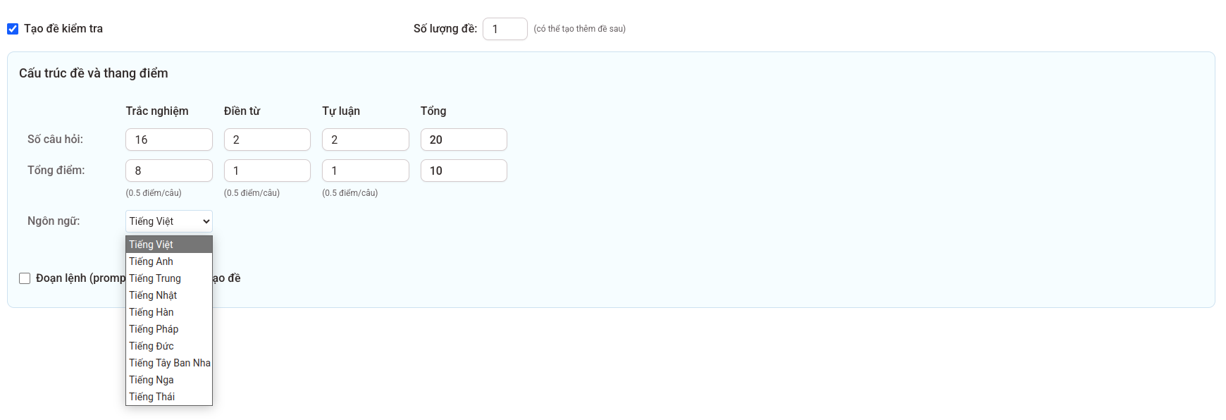 Lựa chọn ngôn ngữ cho bài kiểm tra