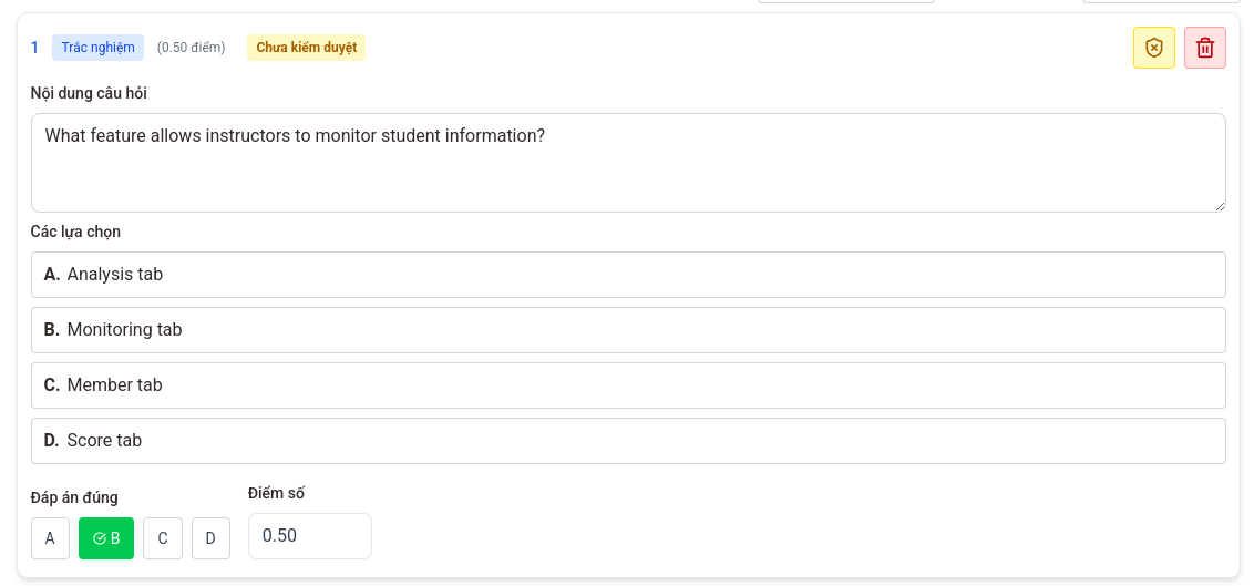 Giao diện chỉnh sửa câu hỏi trắc nghiệm