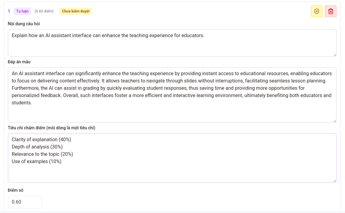 Giao diện chỉnh sửa câu hỏi tự luận
