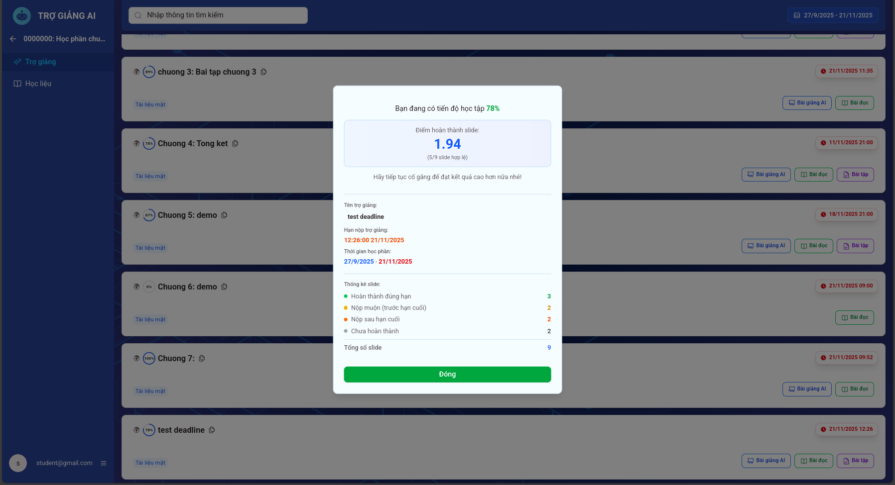 Giao diện kiểm tra tiến độ học tập